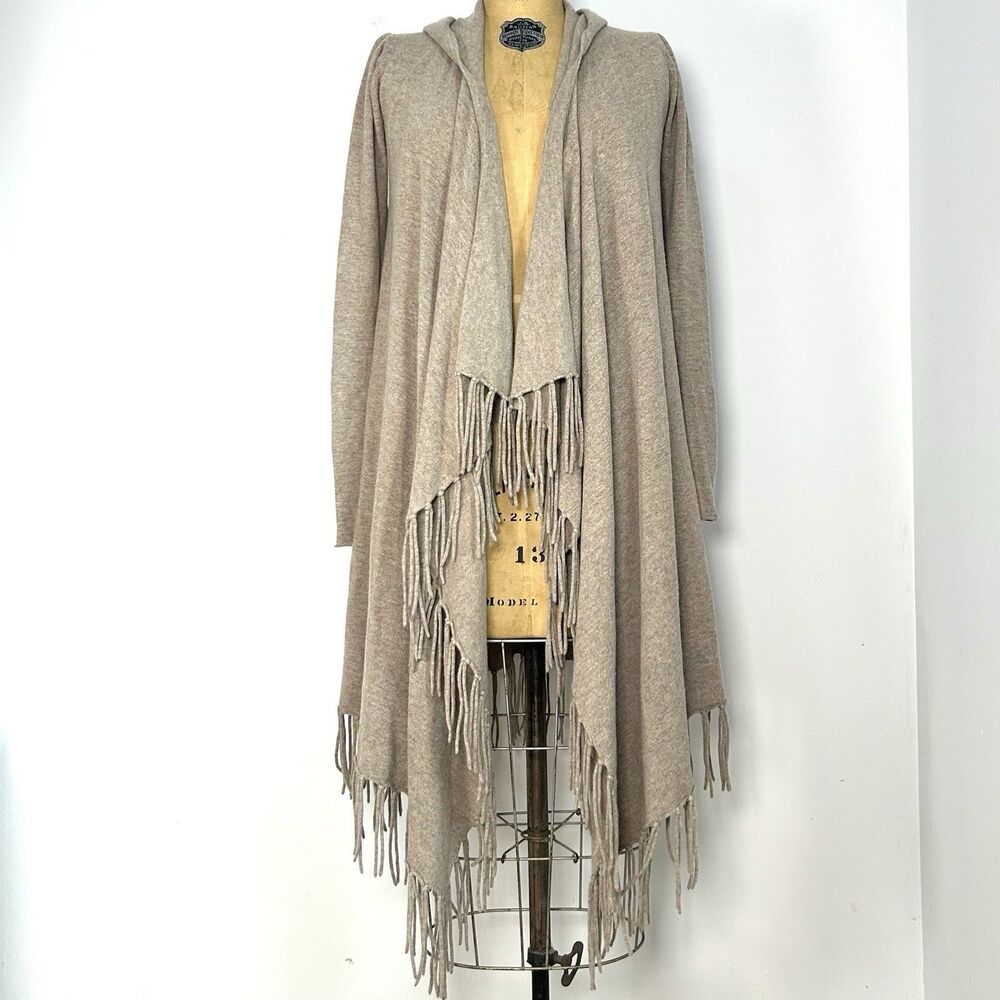 Jamison Wool Cashmere Hooded Fringe Cardigan Duster Open Front Women XS